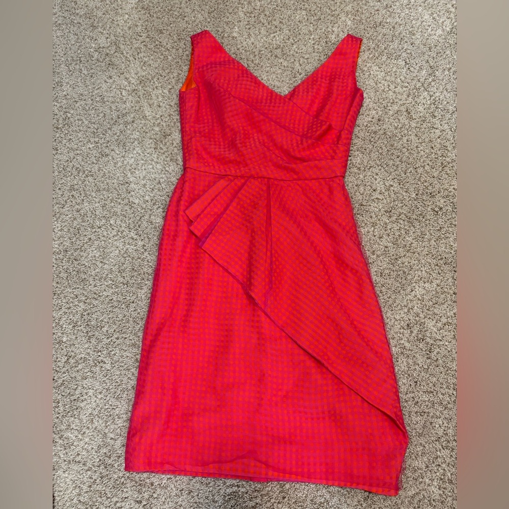 Lela Rose Pink and Orange Gingham Plaid Dress with Tulle, Size 0